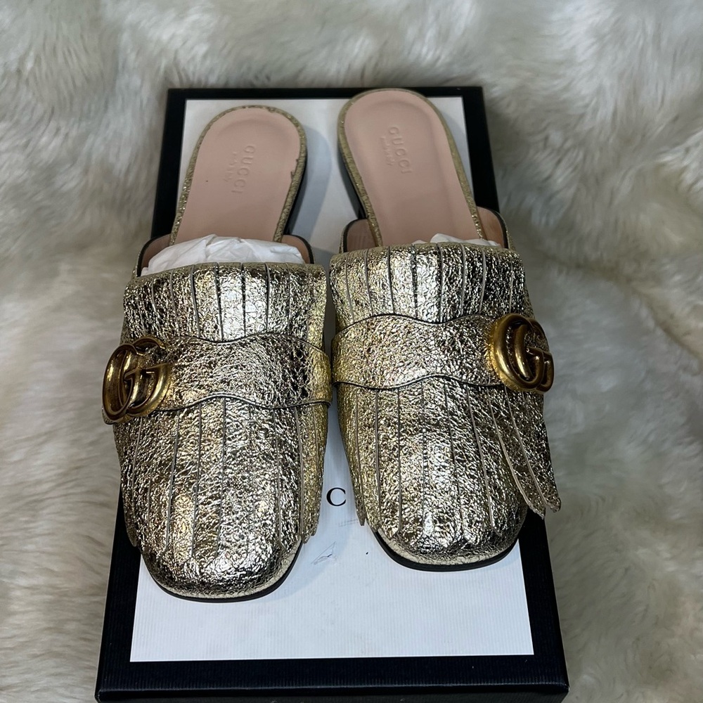 Gucci Textured Gold Mules